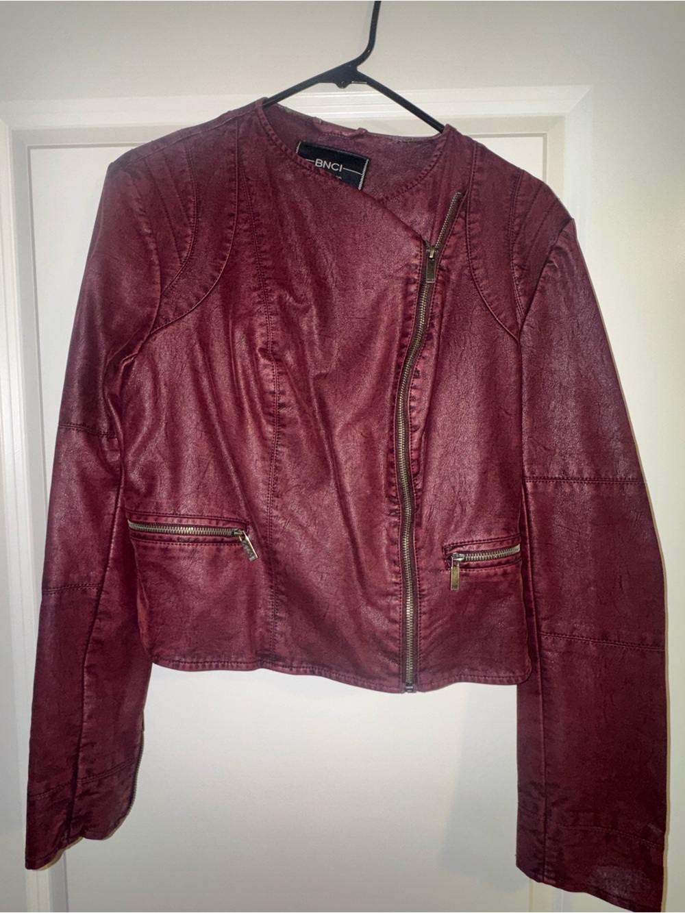 blanc noir Burgundy Faux Leather Moto Jacket